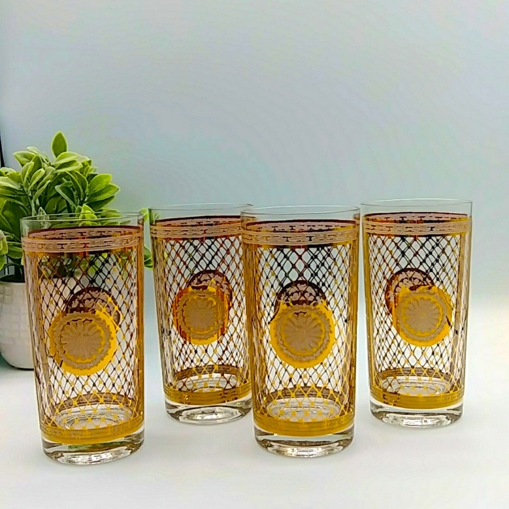 🏵️2x HP! 22K Gold Embossed Capri Glassware of California Highball glass 1946.